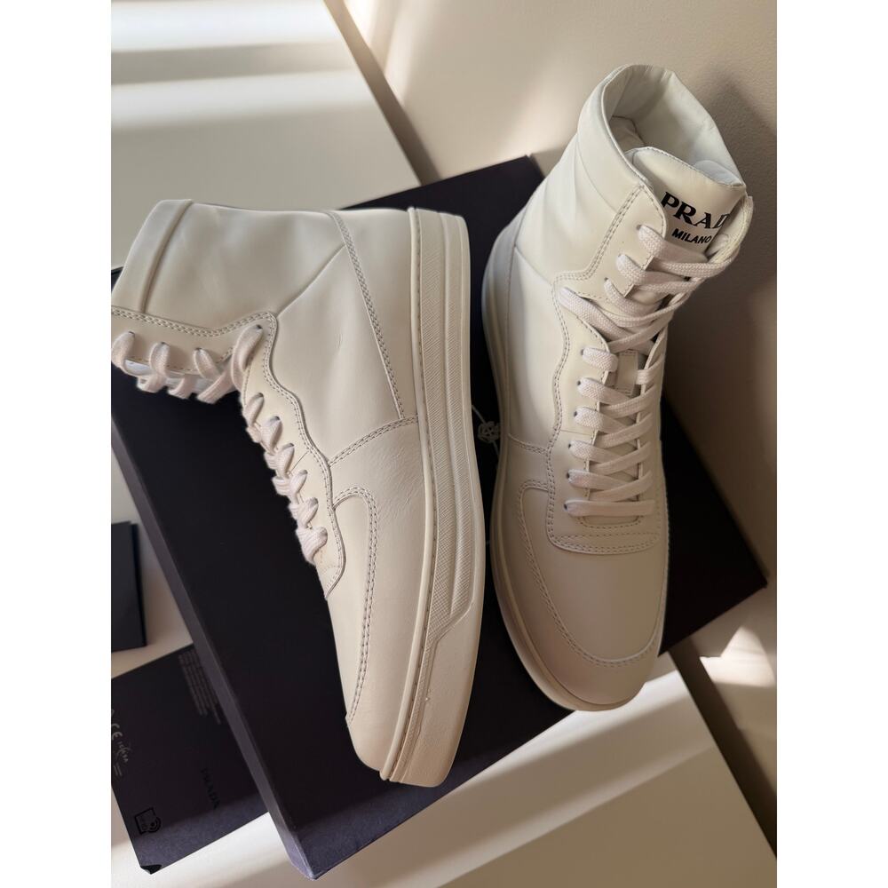 Prada White Sneakers Vitello High Top Leather Trainers Size 41 100% Authentic - Picture 4 of 12